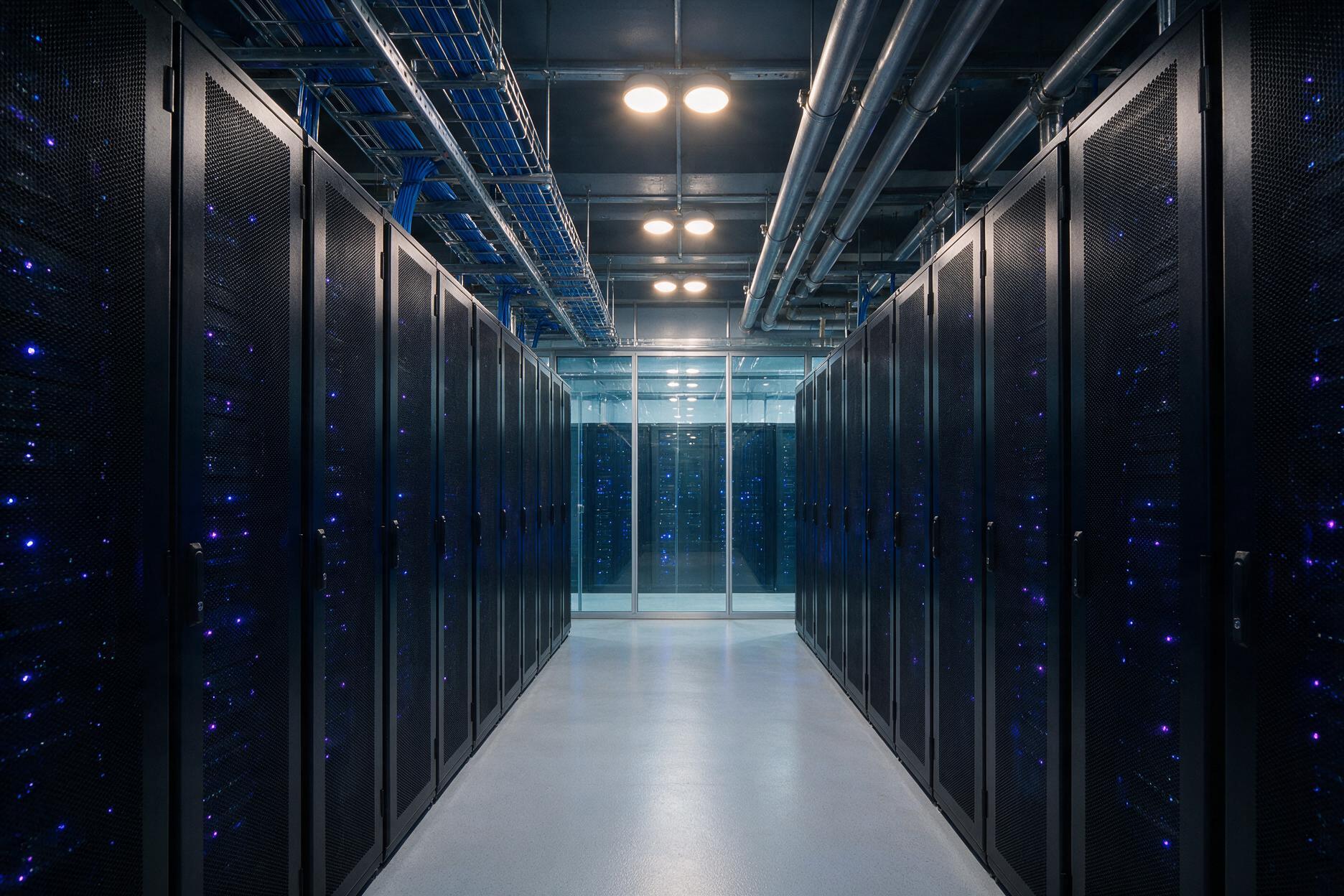 Corredor de data center com racks de servidores automatizados